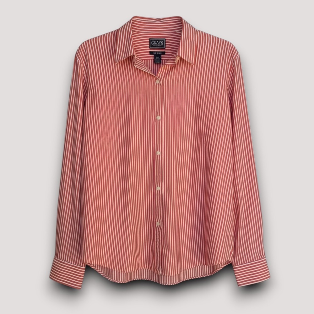 Chaps Classics Top  Womens Button Down L Red White Striped No Iron Officecore